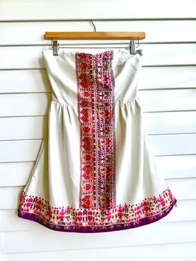Roxy Strapless Beaded Embroidered Dress — White with Pink, Purple & Orange Print